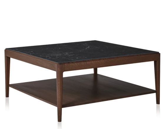 Table basse carrée en chêne foncé et céramique effet ardoise avec tablette 100x100 cm