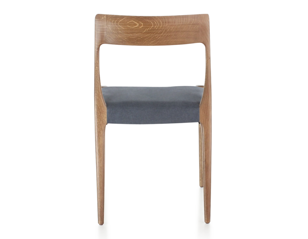 Scandinavian chair walnut-stained wood, grey fabric seat Scandinavian chair walnut-stained wood, grey fabric seat