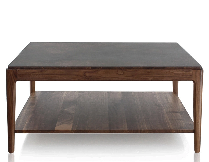 Table basse carrée en noyer et céramique avec tablette en bois teinte naturelle plateau céramique brun oxydé 100x100 cm Table basse carrée en noyer et céramique avec tablette en bois teinte naturelle plateau céramique brun oxydé 100x100 cm