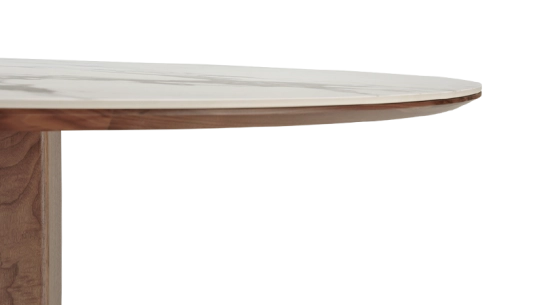 Table salle à manger ronde en noyer et céramique 6 personnes avec bois teinte naturelle et plateau céramique effet marbre blanc 120x120