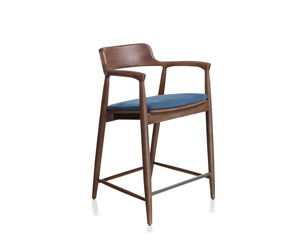 Tabouret de bar h60 cm bois teinte marron foncé assise tissu bleu jean Tabouret de bar h60 cm bois teinte marron foncé assise tissu bleu jean