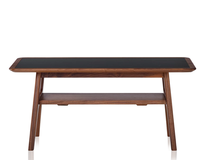 Table basse rectangulaire en noyer et céramique bois teinte naturelle plateau céramique noir unie 100x50 cm