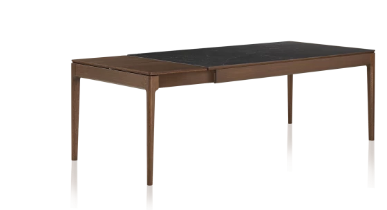 Table extensible en chêne foncé et céramique effet ardoise 140x90 cm allonges chêne