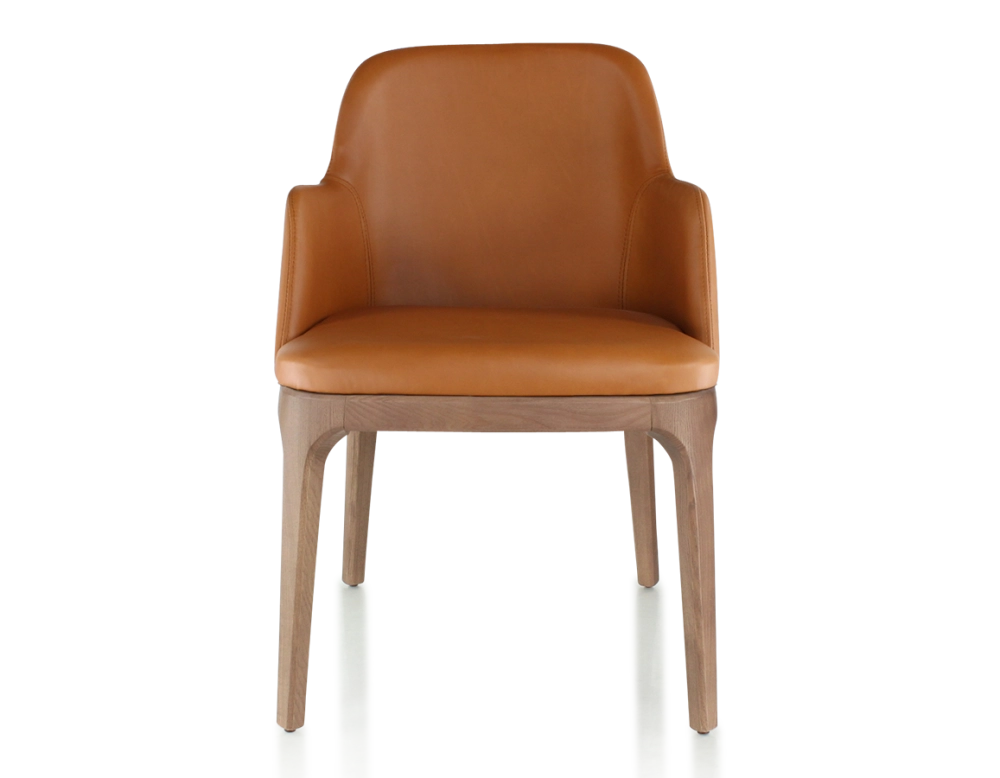 Chaise design avec accoudoirs bois teinte noyer et cuir caramel Chaise design avec accoudoirs bois teinte noyer et cuir caramel