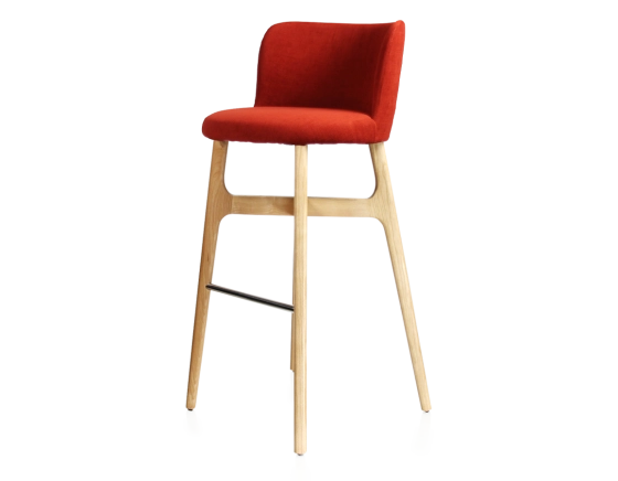 Bar stool h80 cm natural stained wood, burnt orange fabric seat