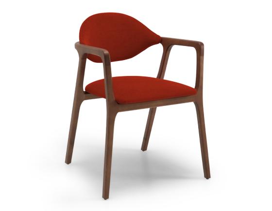 Chaise design avec accoudoirs bois teinte marron foncé et tissu orange brulé