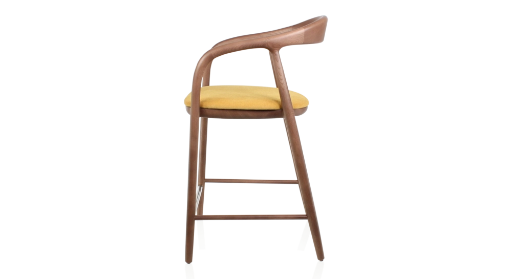 Tabouret de bar H60 cm bois teinte noyer et tissu jaune