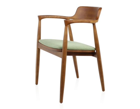 Scandinavian chair cherry wood stain and green fabric