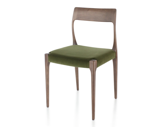 Chaise scandinave bois teinte marron foncé assise tissu vert olive