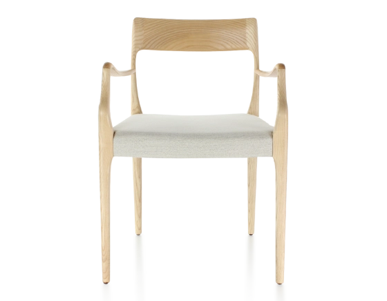 Scandinavian armchair with armrests natural stained wood seat natural beige fabric