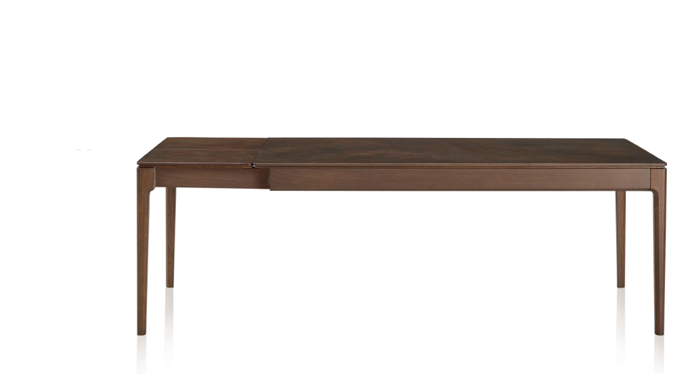 Table extensible 8 à 12 personnes en chêne et céramique allonges céramique avec bois teinte marron foncé et plateau et allonges céramique brun oxydé 180x100 cm