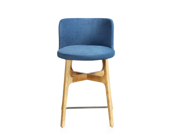 Tabouret de bar h60 cm bois teinte naturelle assise tissu bleu jean