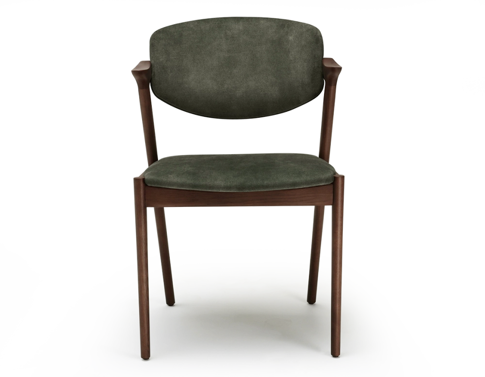 Scandinavian chair dark brown stained wood with forest green velvet seat. Scandinavian chair dark brown stained wood with forest green velvet seat.