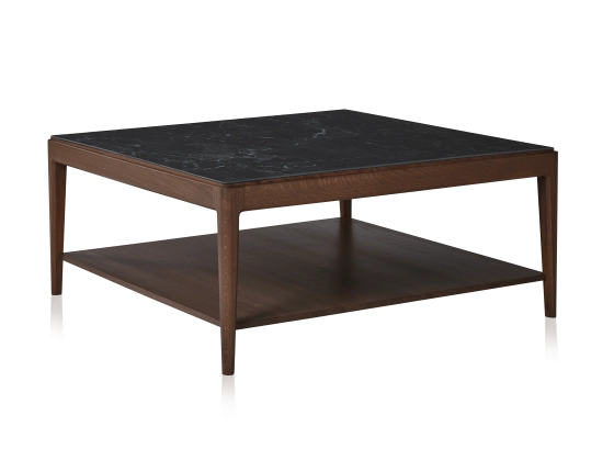 Square coffee table in oak and ceramic with shelf in dark brown stained wood, plain black ceramic top 100x100 cm