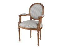 Sillón antiguo estilo Luis XVI bois teinte ancienne et tissu pied de poule blanc et taupe