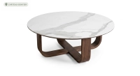 Table basse ronde en chêne et céramique avec bois teinte marron foncé plateau céramique effet marbre blanc 100x100 cm
