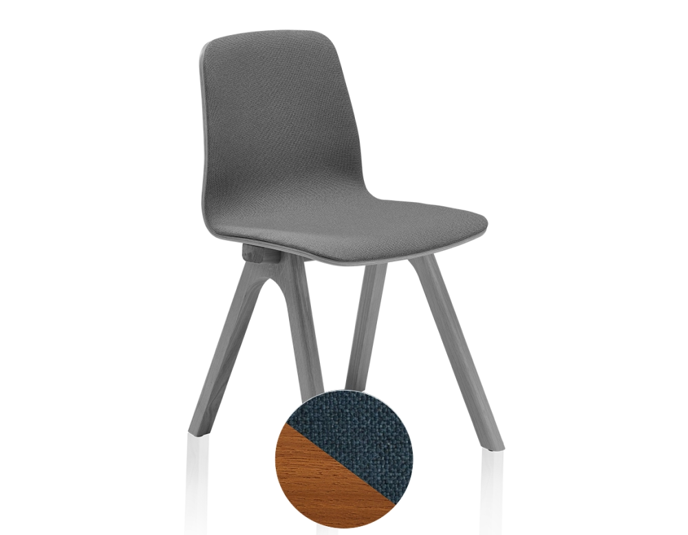 Chaise design en chêne tapissé bois teinte merisier assise tissu bleu Chaise design en chêne tapissé bois teinte merisier assise tissu bleu