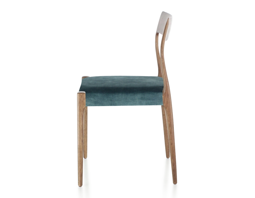 Chaise scandinave bois teinte noyer assise tissu velours bleu pétrole Chaise scandinave bois teinte noyer assise tissu velours bleu pétrole