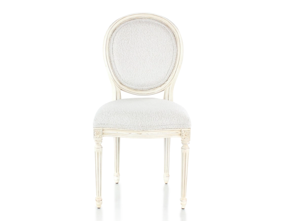 Chaise ancienne style Louis XVI bois teinte blanche cérusée et tissu bouclé blanc