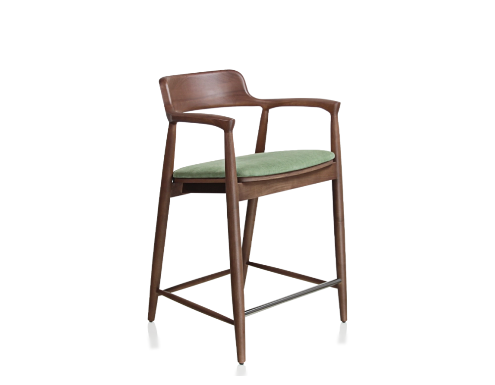 Tabouret de bar h60 cm bois teinte noyer assise tissu vert Tabouret de bar h60 cm bois teinte noyer assise tissu vert