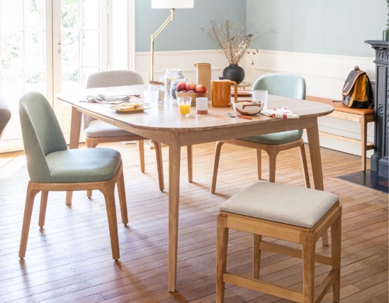 H45 cm design stool natural stained wood seat natural beige fabric