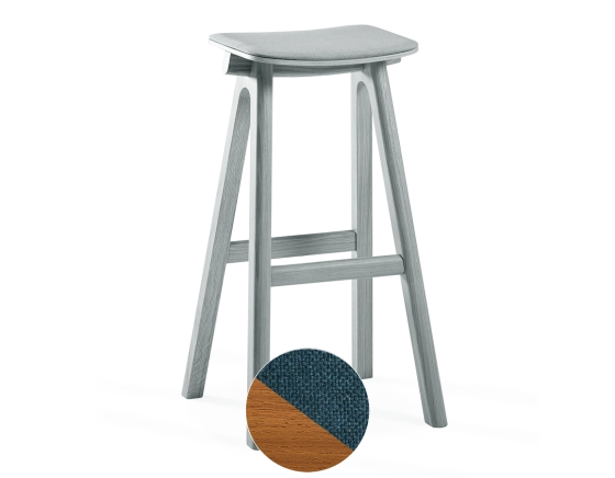 Tabouret de bar en chêne tapissé H80 cm bois teinte merisier assise tissu bleu océan