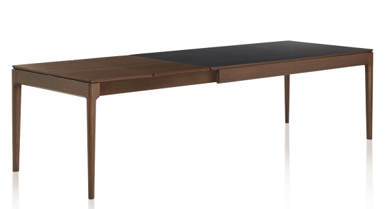 Table extensible 6 à 12 personnes en chêne et céramique allonges bois avec bois teinte marron foncé et plateau céramique noir unie 140x100 cm