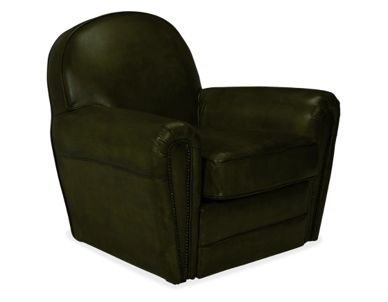 Fauteuil club cuir vert olive accoudoirs cloutés
