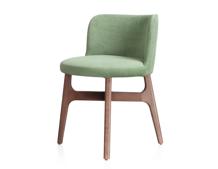 Chaise design bois teinte noyer assise tissu vert