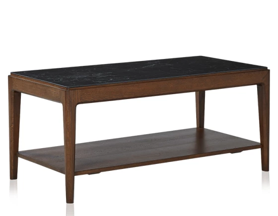 Table basse rectangulaire en chêne foncé et céramique effet ardoise avec tablette 100x50 cm