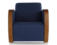 Fauteuil design bois teinte merisier et tissu bleu marine Fauteuil design bois teinte merisier et tissu bleu marine