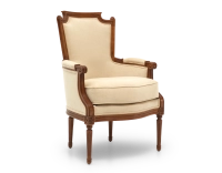 Fauteuil bergère style Louis XVI bois teinte ancienne et tissu crème Fauteuil bergère style Louis XVI bois teinte ancienne et tissu crème