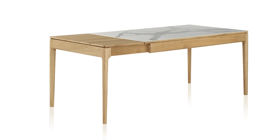 Table extensible 8 à 14 personnes en chêne et céramique allonges bois avec bois teinte naturelle et plateau céramique effet marbre blanc 210x100 cm Table extensible 8 à 14 personnes en chêne et céramique allonges bois avec bois teinte naturelle et plateau céramique effet marbre blanc 210x100 cm