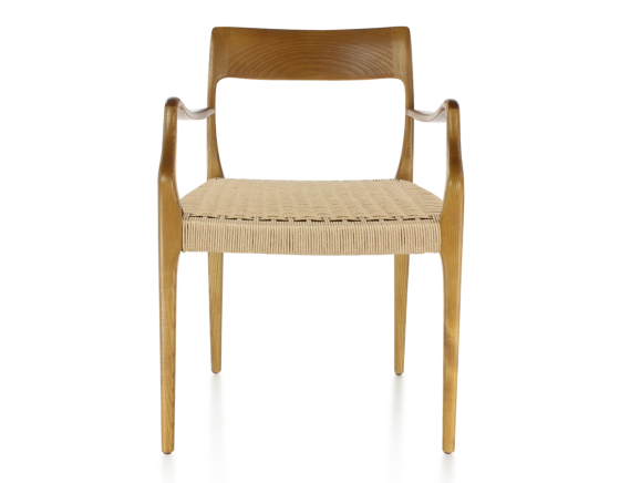 Chaise scandinave avec accoudoirs bois teinte merisier assise corde