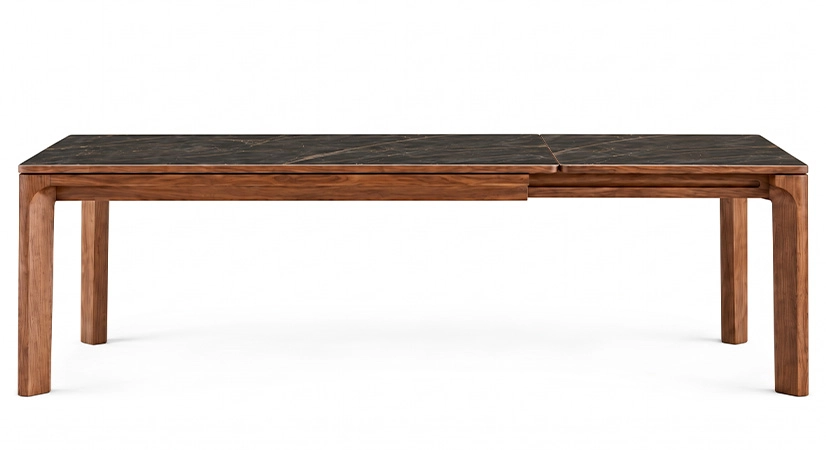 Table extensible 6 à 10/12 personnes en noyer et céramique allonges céramique avec bois teinte naturelle et plateau et allonge céramique effet marbre noir 180x100 cm