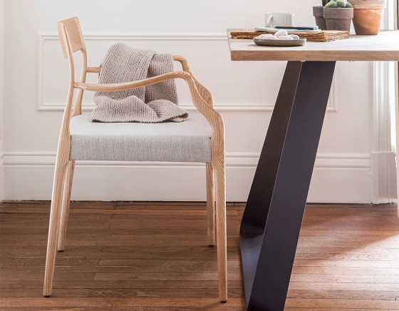 Scandinavian armchair with armrests natural stained wood seat natural beige fabric