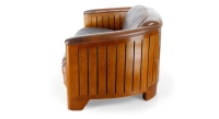 Canapé club bois et cuir 2 places marron vintage Canapé club bois et cuir 2 places marron vintage