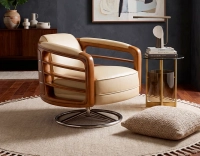Fauteuil club pivotant bois et cuir beige