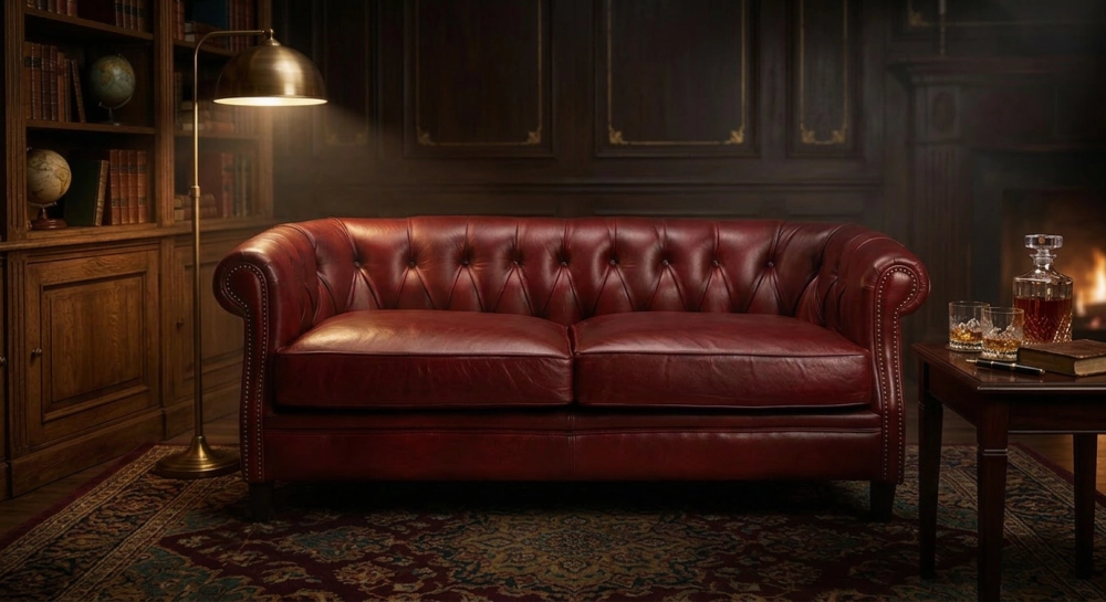 Sofá Chesterfield de piel 2 plazas rojo carmín reposabrazos con tachuelas