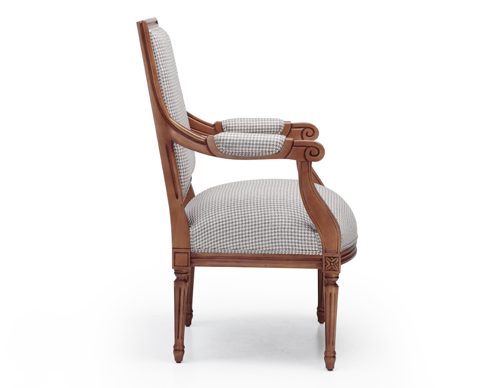 Louis XVI style antique armchair wood antique stain and brown fabric Louis XVI style antique armchair wood antique stain and brown fabric
