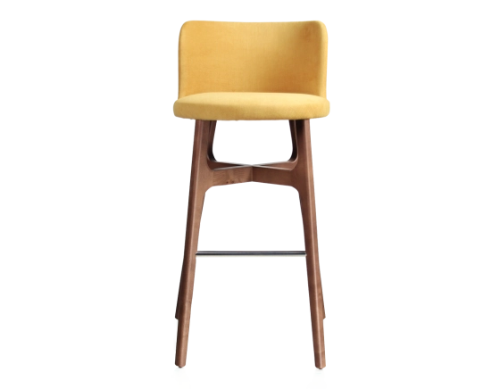 Tabouret de bar h80 cm bois teinte noyer assise tissu jaune