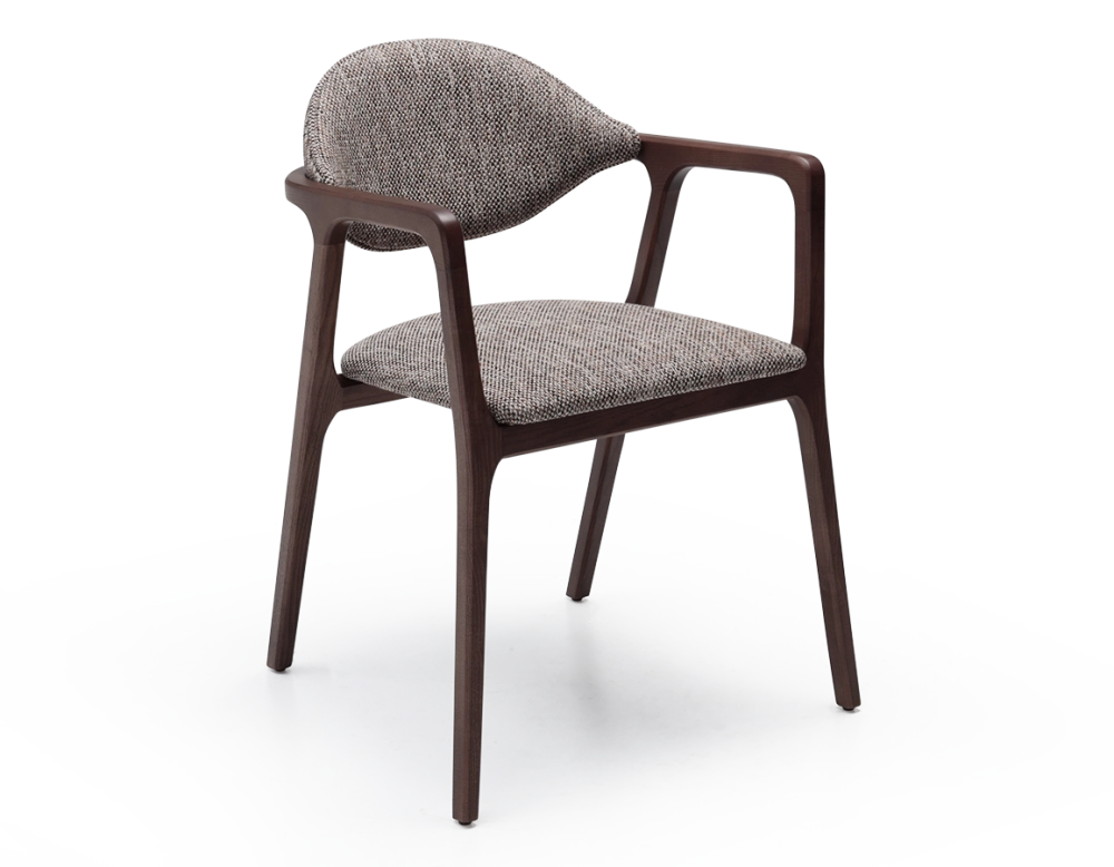 Chaise design avec accoudoirs bois teinte foncée et tissu chiné marron Chaise design avec accoudoirs bois teinte foncée et tissu chiné marron