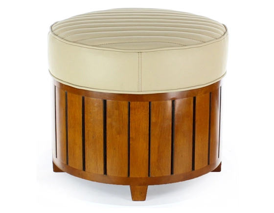 Pouf rond bois et cuir beige