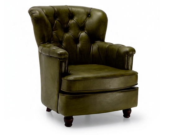 Fauteuil Chesterfield cuir vert olive moyen dossier