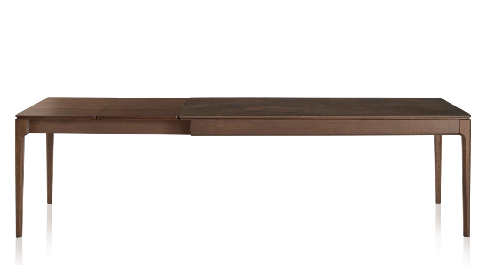 Table extensible 6 à 10 personnes en chêne et céramique allonges bois avec bois teinte marron foncé et plateau céramique brun oxydé 140x90 cm Table extensible 6 à 10 personnes en chêne et céramique allonges bois avec bois teinte marron foncé et plateau céramique brun oxydé 140x90 cm
