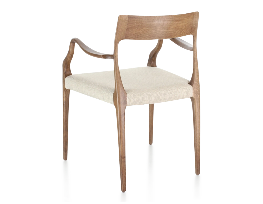 Chaise scandinave avec accoudoirs bois teinte noyer assise tissu chevron beige Chaise scandinave avec accoudoirs bois teinte noyer assise tissu chevron beige