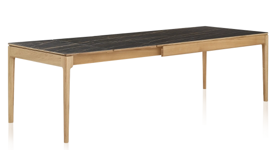 Table extensible en chêne et céramique 6 à 10 personnes allonges céramique avec bois teinte naturelle et plateau et allonges céramique effet marbre noir 140x90 cm