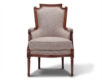 Sillón bergère estilo Luis XVI bois teinte ancienne et tissu chiné beige, gris et orange