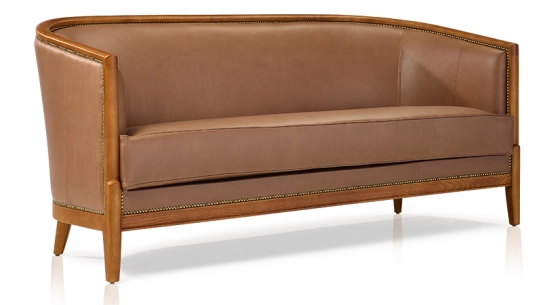 Canapé ancien 3 places bois teinte merisier et cuir noisette