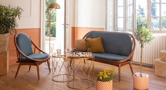 2 seater Scandinavian sofa walnut-stained wood and ocean blue fabric